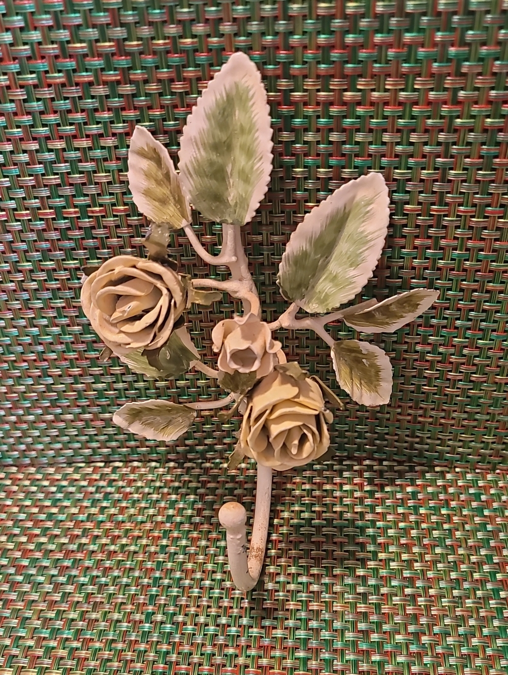 Decorative Metal Wall Hook with Cream Roses and Green Leaves